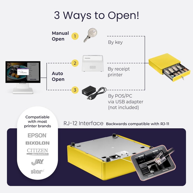 Volcora Cash Register Drawer for (POS) Point of Sale System with Round Corner 13", Removable Coin Tray, 4 Bill/5 Coin, 12-24V, RJ11/RJ12 Key-Lock, Media Slot,Cash Till, for Business, Yellow - Image 4